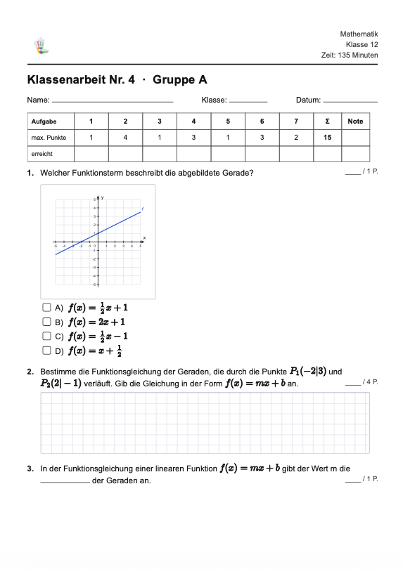 Klassenarbeit mit Punkten und Notenschlüssel